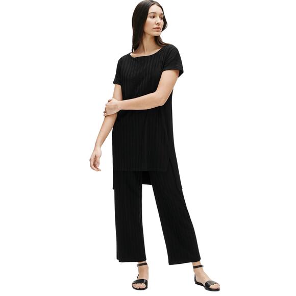Eileen Fisher Pants L Black Tencel Wide Rib Straight Elastic Waist Pockets NWT - Picture 11 of 13